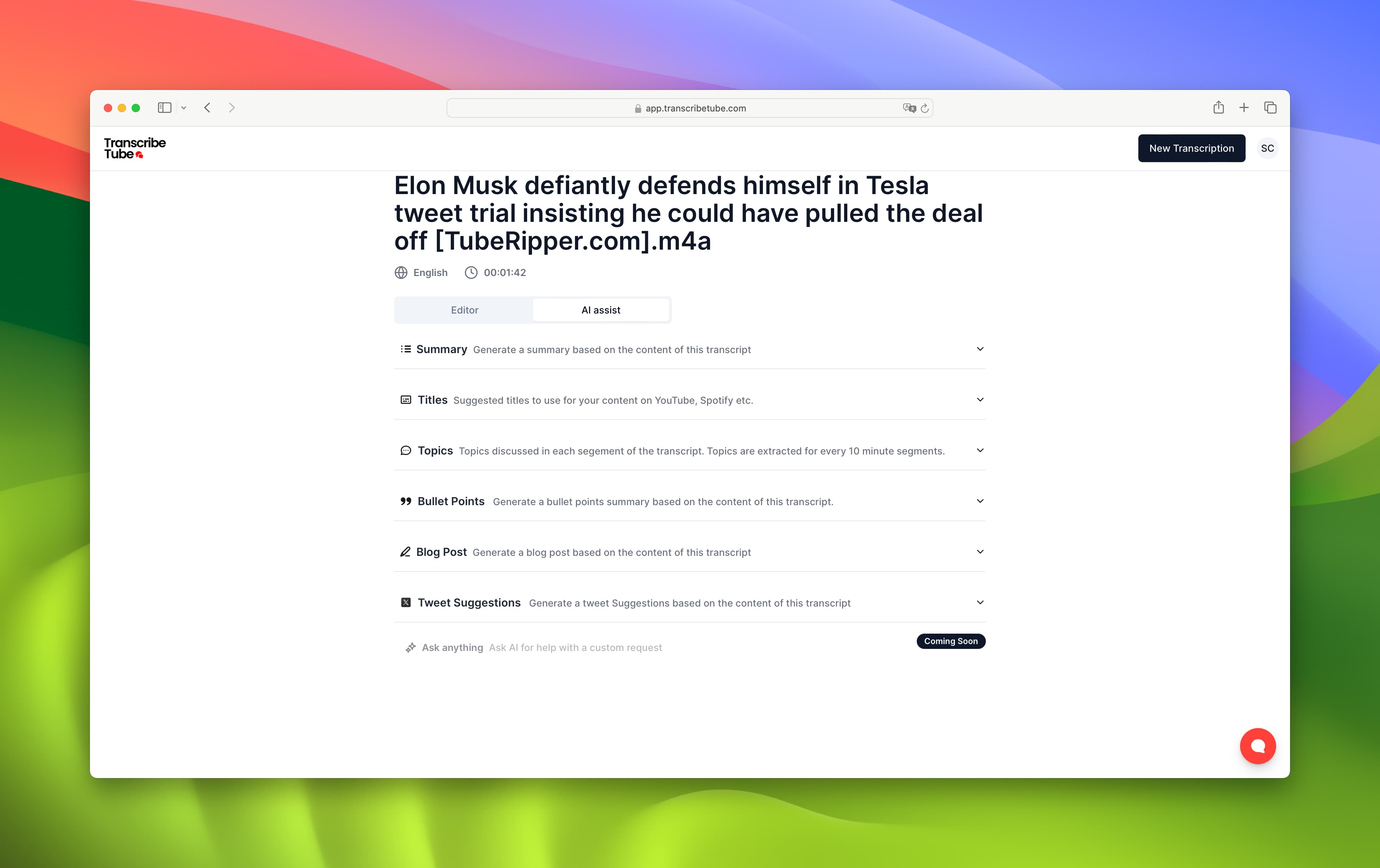 transcriptie omzetten naar andere formaten zoals blogpost, tweet en samenvatting van de tekst