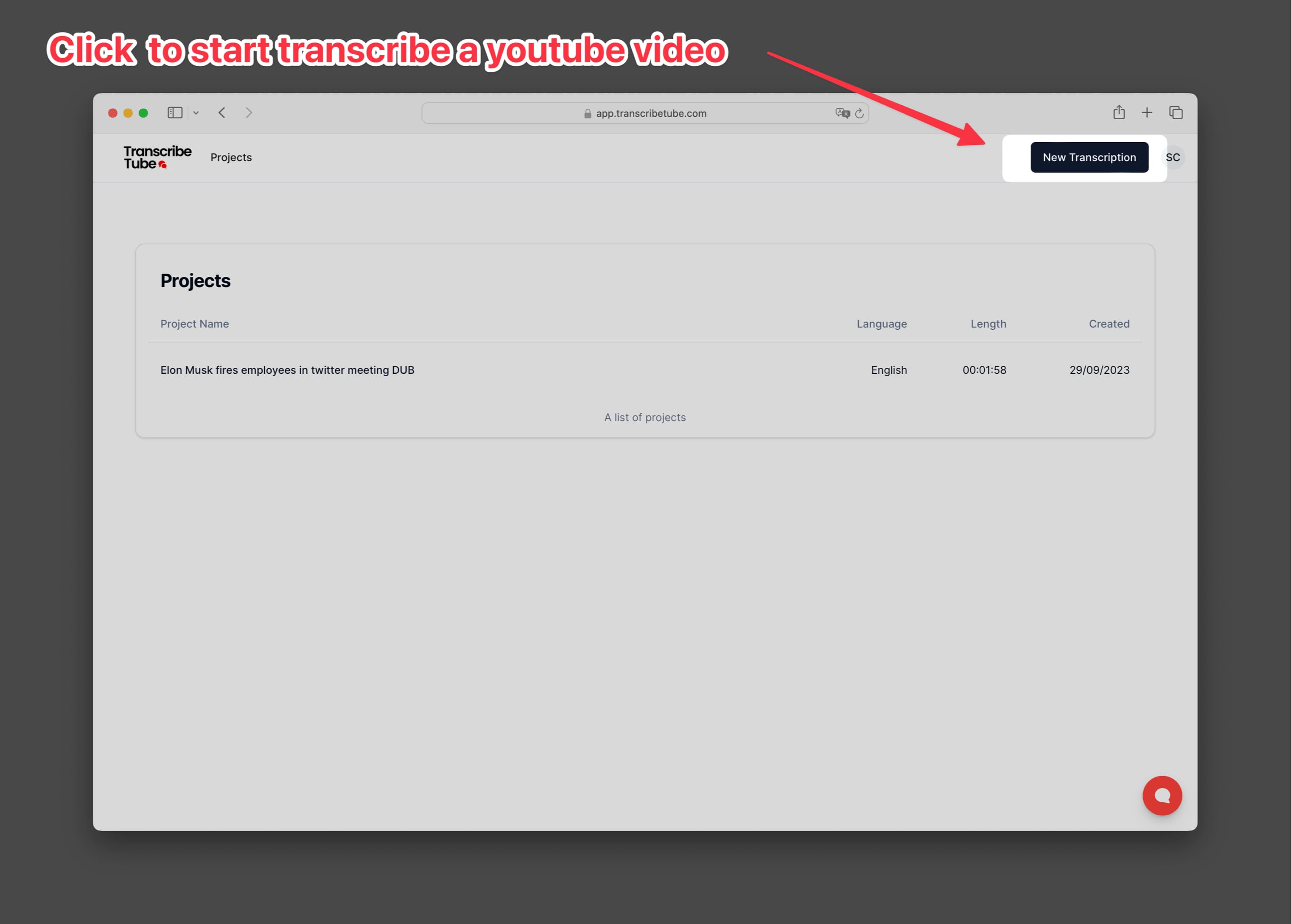 nieuwe transcriptiestroom om te beginnen met TranscribeTube